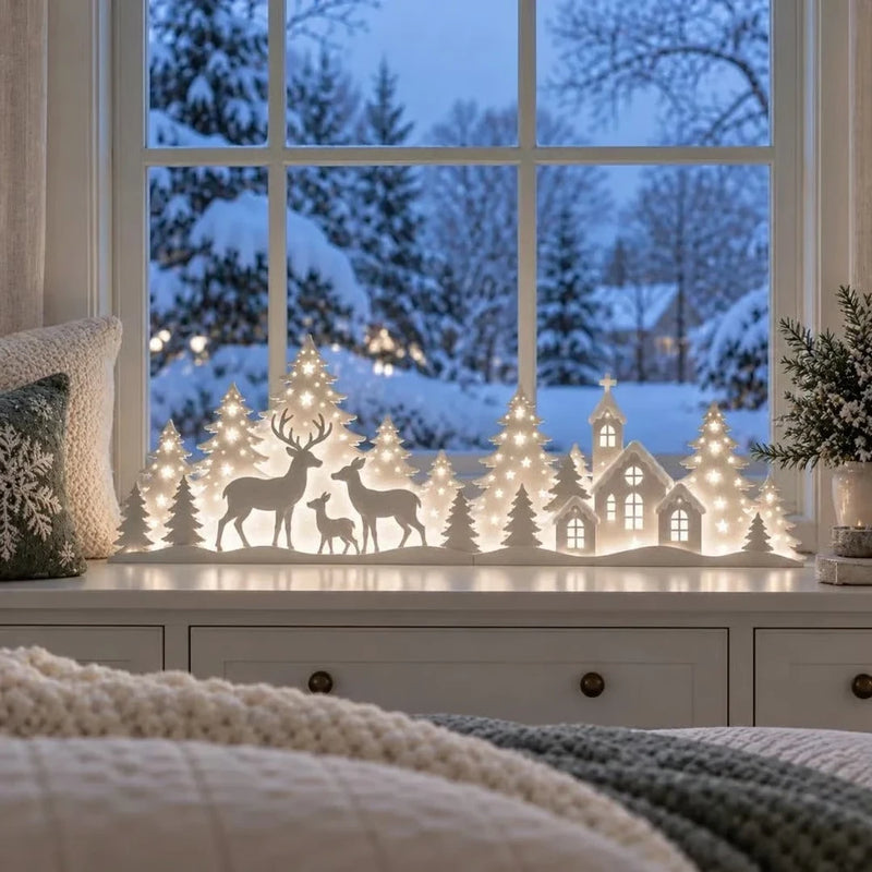 🦌 2-delige kerstdecoratie met hertenbos en kerstdorp | Sfeervolle winterdecoratie