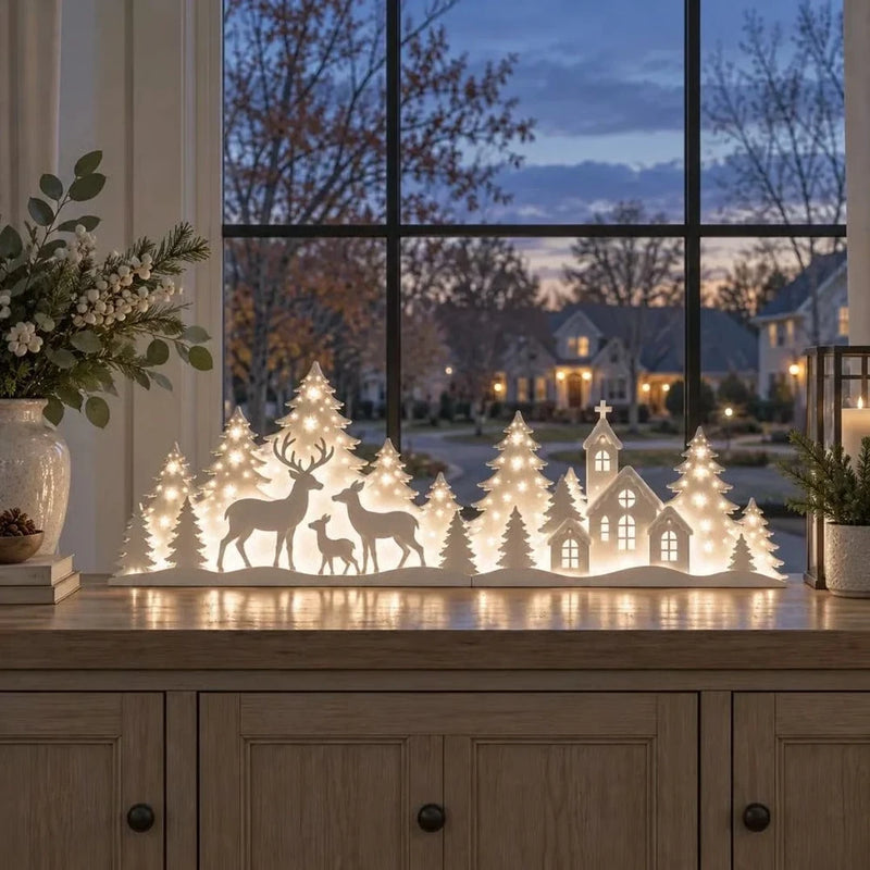 🦌 2-delige kerstdecoratie met hertenbos en kerstdorp | Sfeervolle winterdecoratie